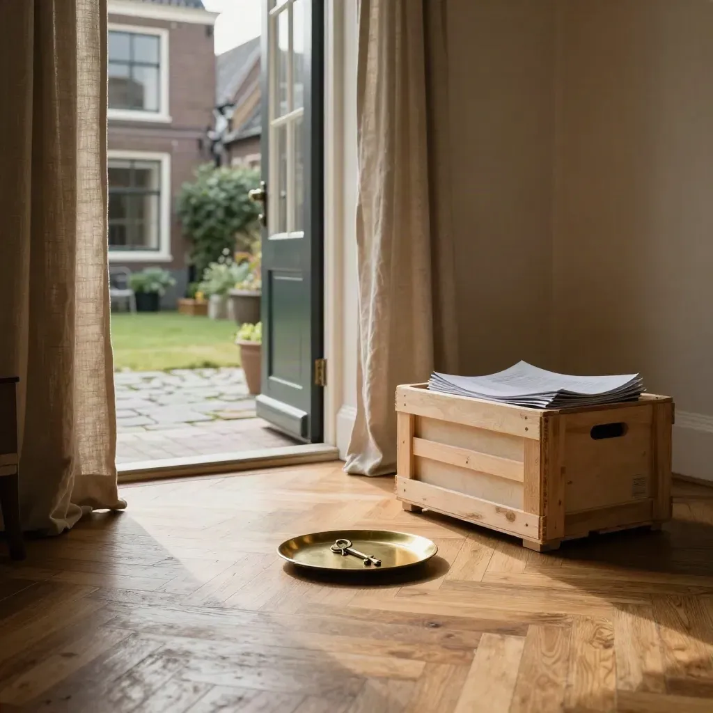 Gerestaureerde woonkamer met open terrasdeuren, sleutelschaaltje en verhuiskrat in ochtendlicht.