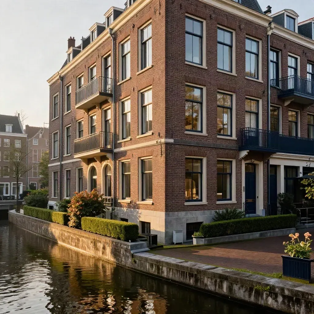 Hoekpand in Amsterdam met binnenplaats, canalrand en zachte avondzon