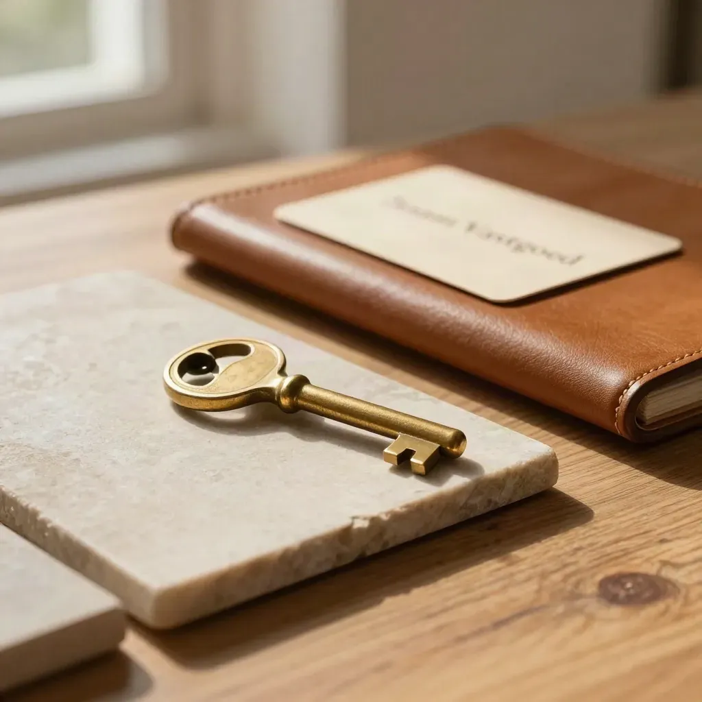 Brass sleutel, stenen tegel en leren folio op warme entree-tafel in zacht namiddaglicht.