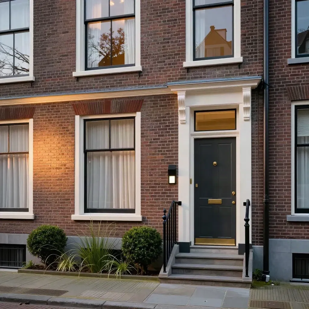 Den Haagse townhouse bij schemer, met stoep, planten en zacht licht in zeemist.