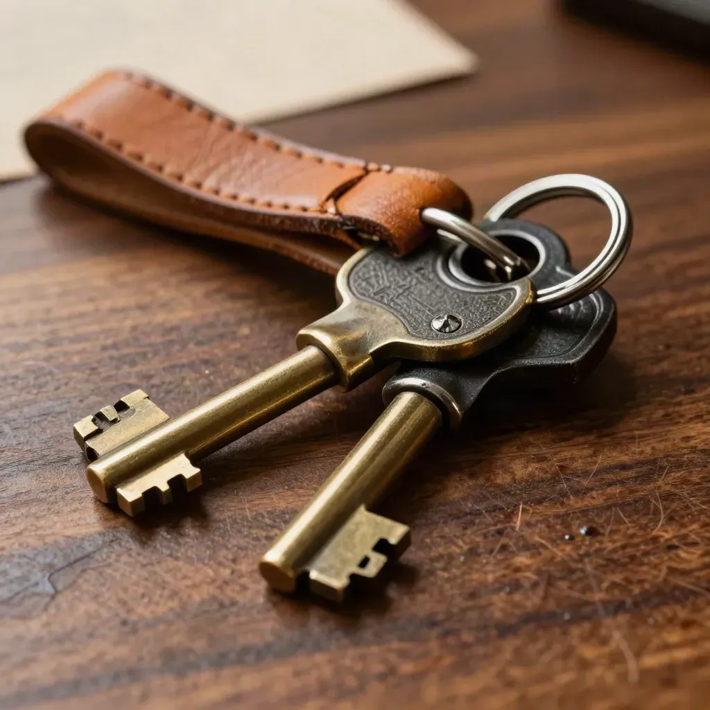 Brass sleutels, leren fob en zwart slot op walnoot met warm strijklicht.