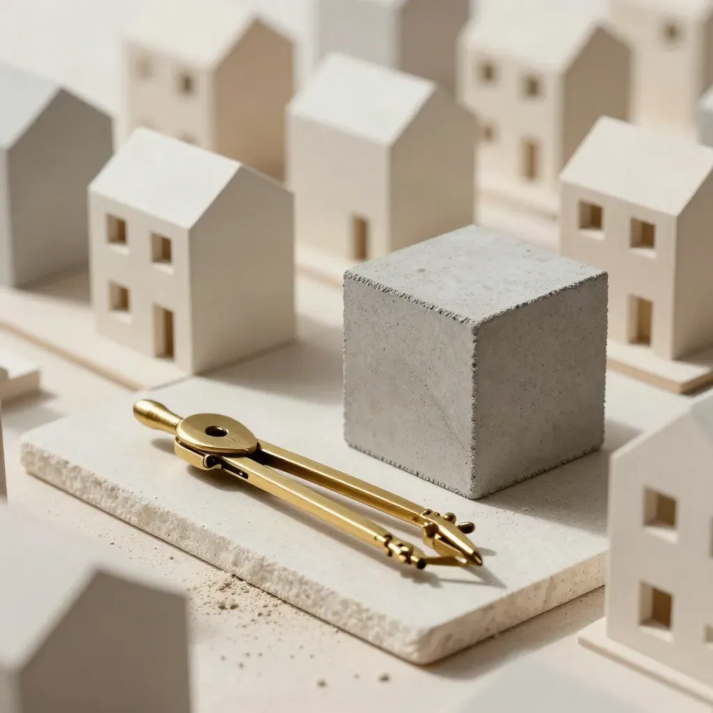 Architecturale modelletjes, betonblok en koperen passer op lichte steen in zacht ochtendlicht.