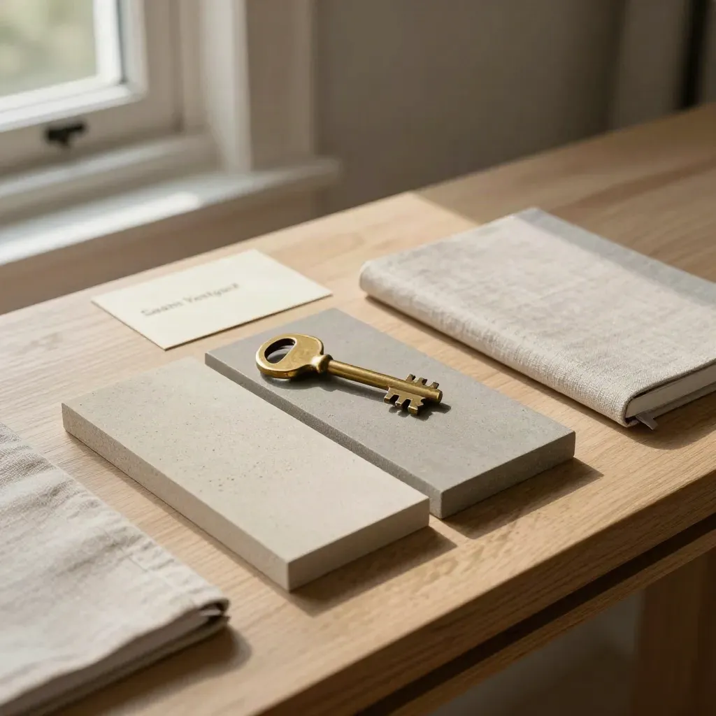 Brass sleutel, twee materiaalstalen en een linnen notebook op lichte houten console.