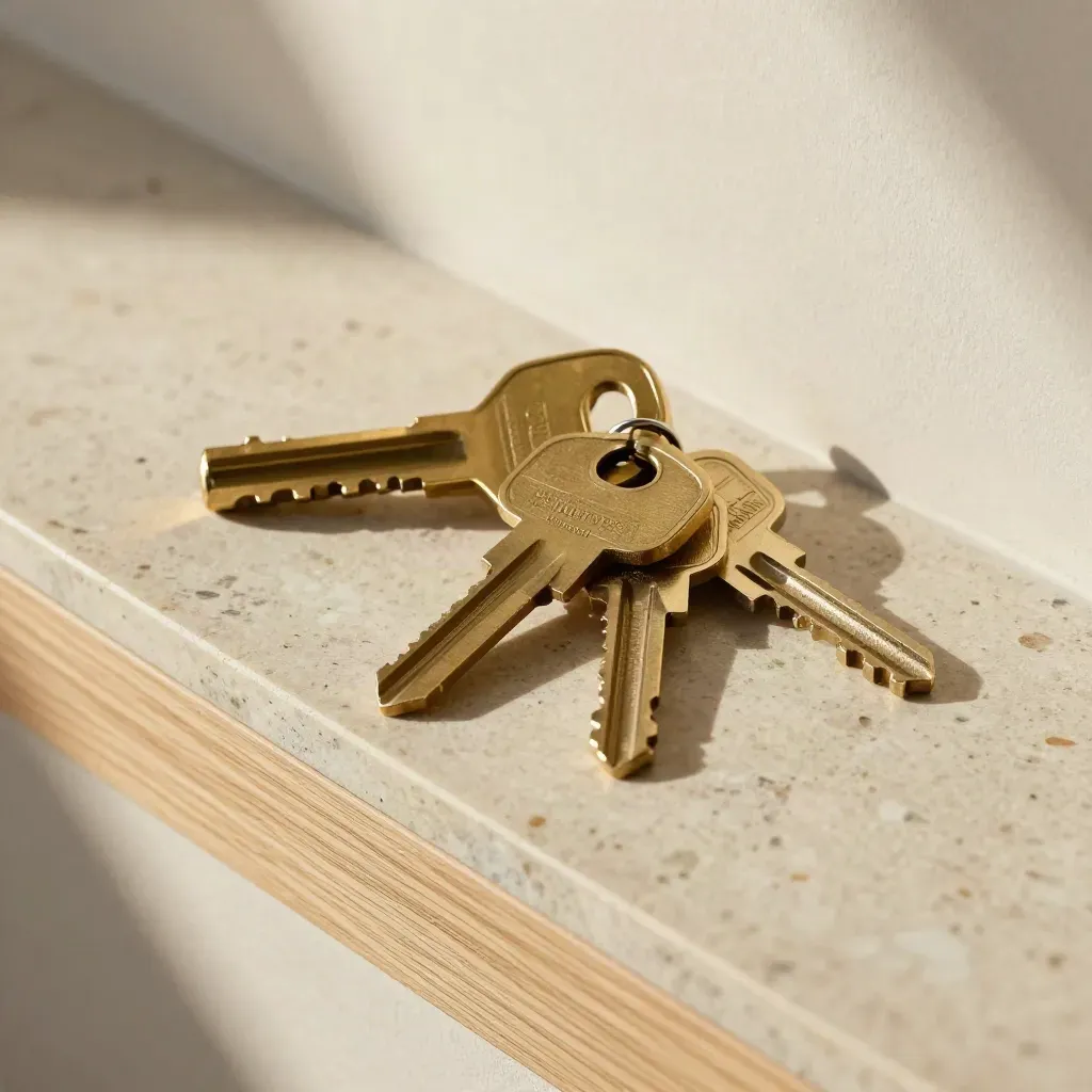 Brass sleutels en cilinder op travertin, stijlvol procesbeeld voor maatwerkbegeleiding.