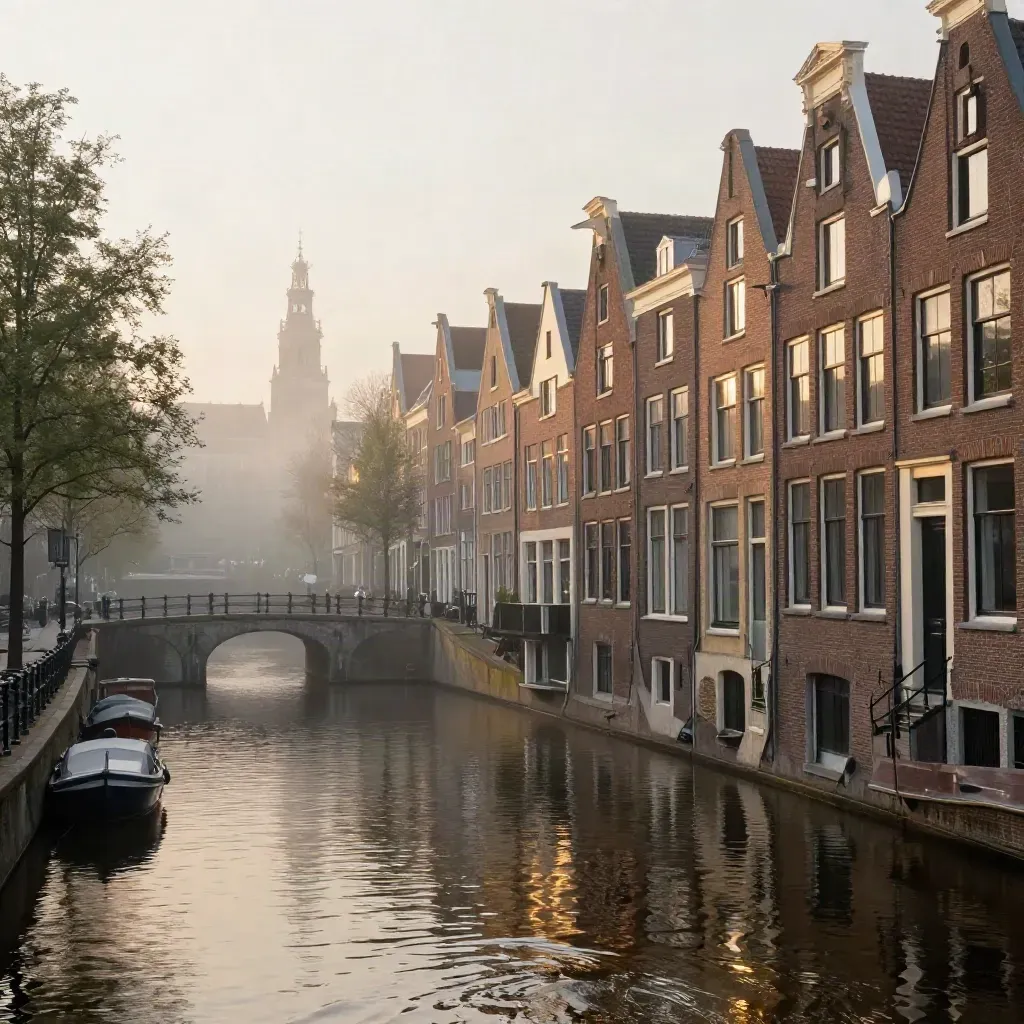 Amsterdamse gracht bij zonsopgang met mist, brugboog, grachtenpanden en kerktoren.