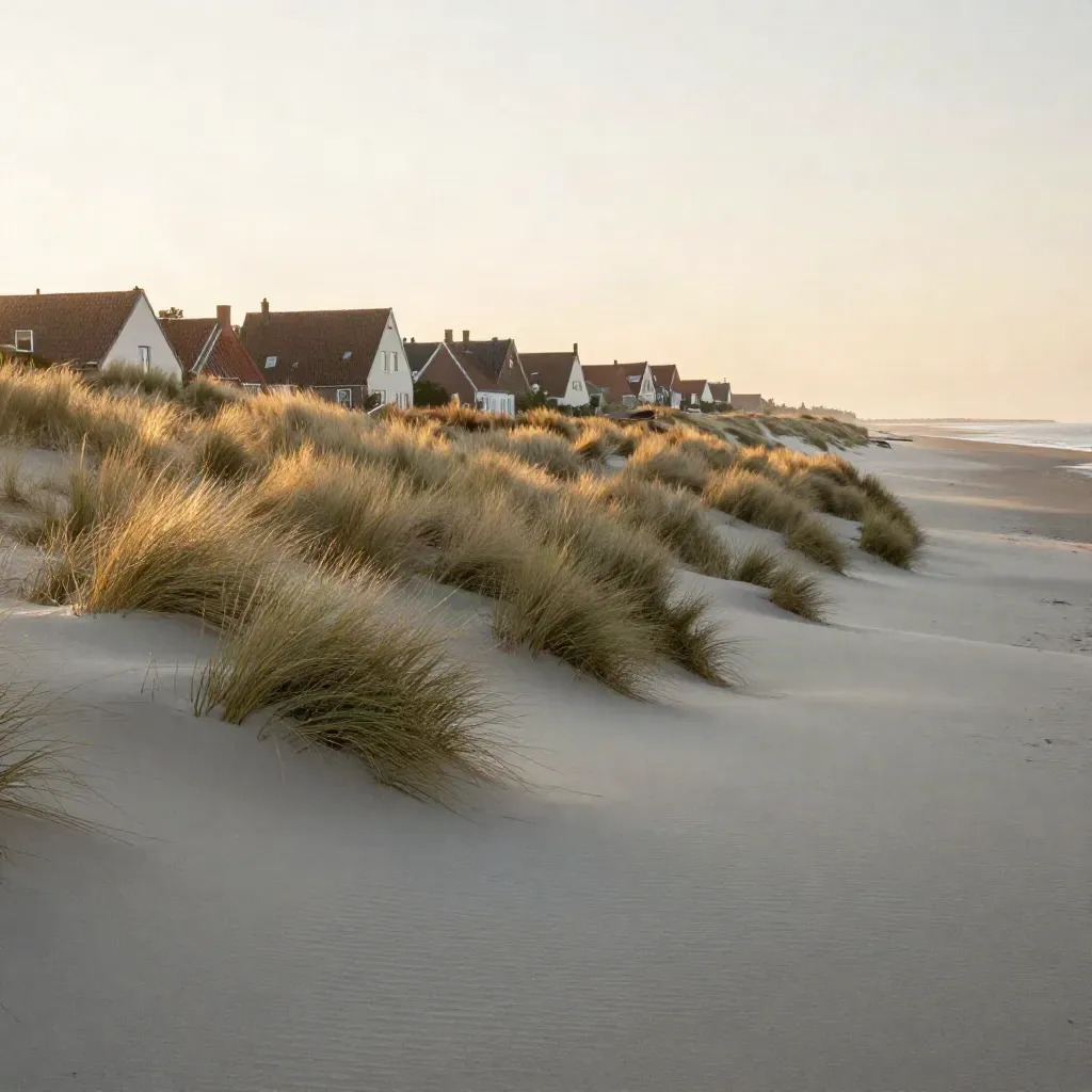 Gouden duinlandschap in Noord-Holland met dorpjes op de duinrand en zeehorizon