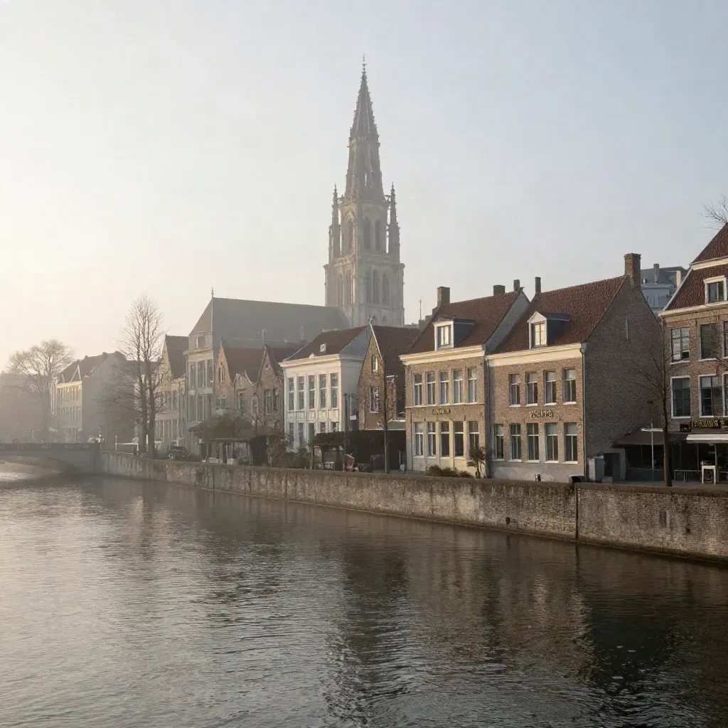 Domtoren boven Utrecht in zachte ochtendmist met rustig kanaalwater en bakstenen terrassen.